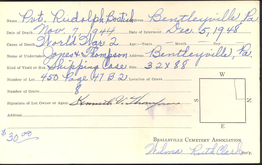 Rudolph bostich burial card